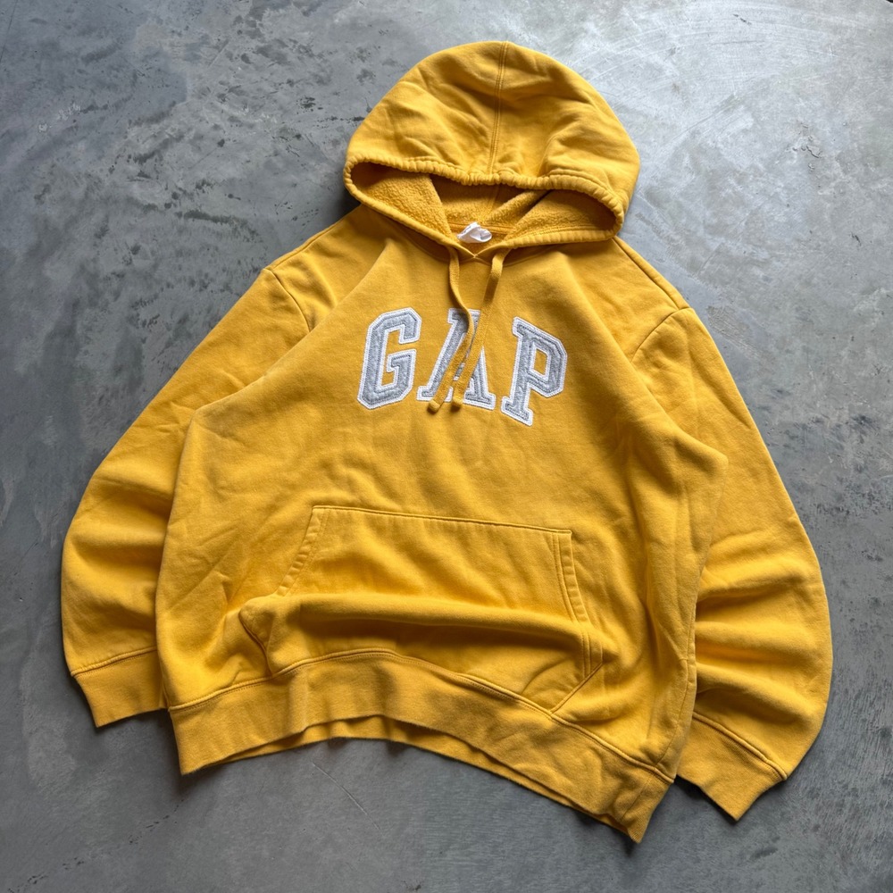 Gap Mens Arch Logo Fleece Hoodie Yellow Pullover Sweatshirt Large L 965